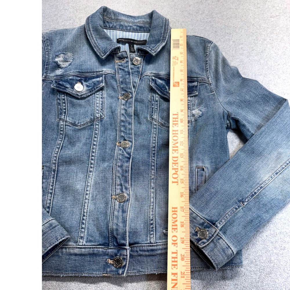 White House Black Market Distressed Denim Jacket Womens Sz 8 Stretch Jean Jacket - Picture 9 of 12